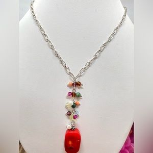 Liz Henry red coral pendant beaded 925 sterling silver chain necklace unique